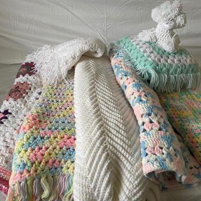 LOT 27: Colorful Collection of Hand Crochet Blankets and Throws (Various Sizes), Hand Crochet White Shoulder Shawl and Whimsical Hand...