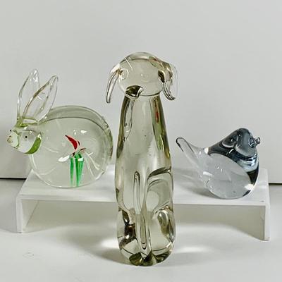 LOT 29: Art Glass Animal Paperweights, Dog, Rabbit and Bird