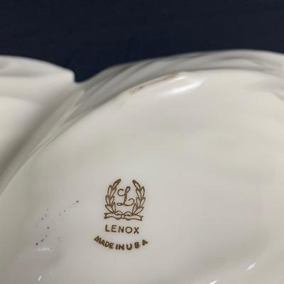 LOT 30: Lovely Lenox China Collection - Lilies of Beauty Vase, Triple Leaf Serving Dish with Gold Trim and February Birthstone Frame
