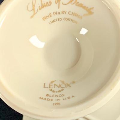 LOT 30: Lovely Lenox China Collection - Lilies of Beauty Vase, Triple Leaf Serving Dish with Gold Trim and February Birthstone Frame