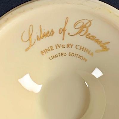 LOT 30: Lovely Lenox China Collection - Lilies of Beauty Vase, Triple Leaf Serving Dish with Gold Trim and February Birthstone Frame