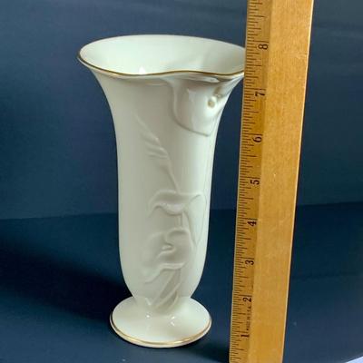 LOT 30: Lovely Lenox China Collection - Lilies of Beauty Vase, Triple Leaf Serving Dish with Gold Trim and February Birthstone Frame