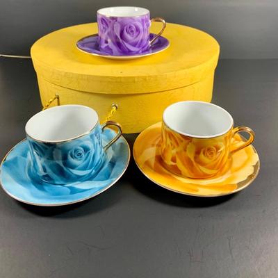 LOT 31: Classic Coffee and Tea Rainbow of Roses Cups, Saucers and Cookie Plates All in Oringinal Round Boxes