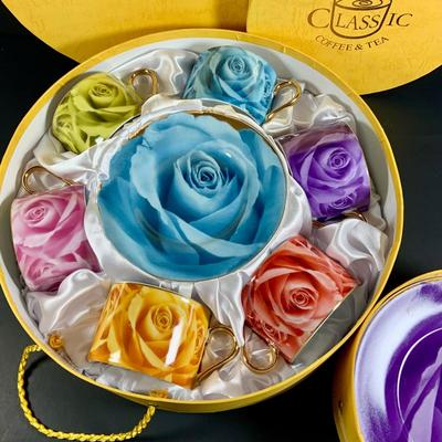 LOT 31: Classic Coffee and Tea Rainbow of Roses Cups, Saucers and Cookie Plates All in Oringinal Round Boxes