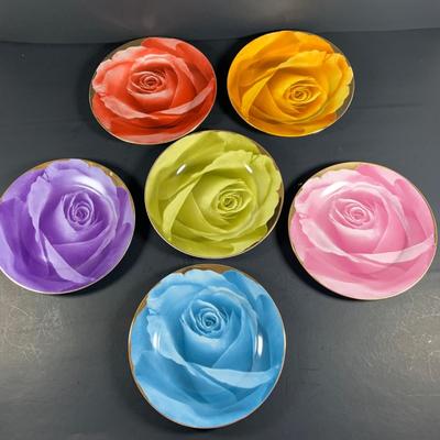 LOT 31: Classic Coffee and Tea Rainbow of Roses Cups, Saucers and Cookie Plates All in Oringinal Round Boxes
