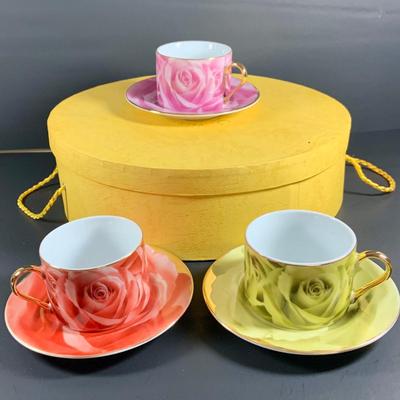 LOT 31: Classic Coffee and Tea Rainbow of Roses Cups, Saucers and Cookie Plates All in Oringinal Round Boxes