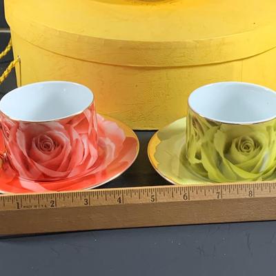 LOT 31: Classic Coffee and Tea Rainbow of Roses Cups, Saucers and Cookie Plates All in Oringinal Round Boxes