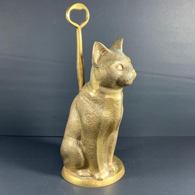 LOT32: Big Brass Collection Featuring a Brass Cat Door Stop, Candle Stick Solders, Bells. Basket and More