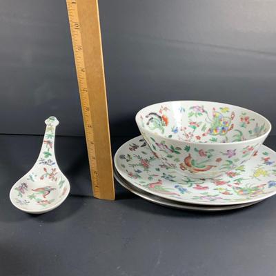 LOT 33: Japanese Porcelain Ware Hand Decorated Bowl, Dish and Soup Spoon
