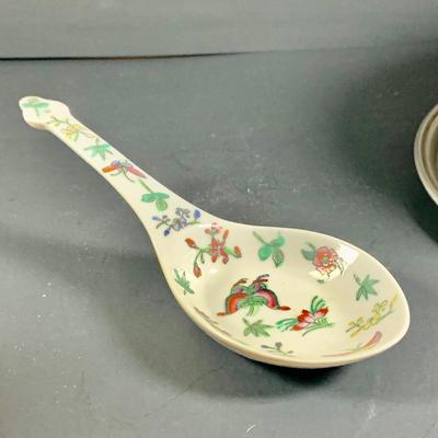 LOT 33: Japanese Porcelain Ware Hand Decorated Bowl, Dish and Soup Spoon