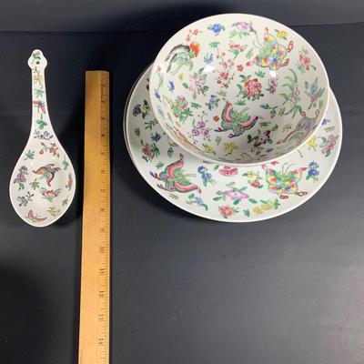 LOT 33: Japanese Porcelain Ware Hand Decorated Bowl, Dish and Soup Spoon