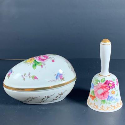 LOT 34: Glass Mirror Tray with Beautiful Stering Silver on Glass Vase, Pewter Vase, Staffordshire Porcelain Bell, Porcelain Egg Shaped...