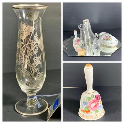 LOT 34: Glass Mirror Tray with Beautiful Stering Silver on Glass Vase, Pewter Vase, Staffordshire Porcelain Bell, Porcelain Egg Shaped...
