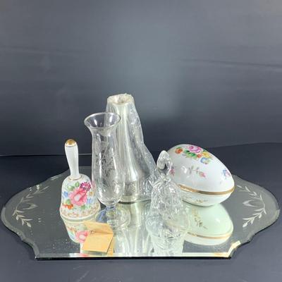 LOT 34: Glass Mirror Tray with Beautiful Stering Silver on Glass Vase, Pewter Vase, Staffordshire Porcelain Bell, Porcelain Egg Shaped...