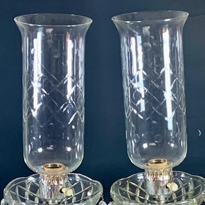 LOT 39: Vintage Pair of Crystal/Cut Glass Hurricane Table/Mantle Lamps