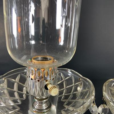LOT 39: Vintage Pair of Crystal/Cut Glass Hurricane Table/Mantle Lamps