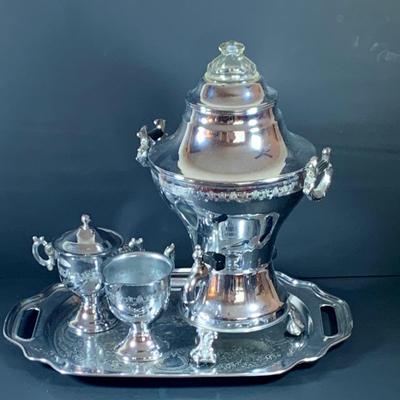 LOT40: Vintage Metal Electric Coffe Perulator Serving Set with Sugar Bowl and Creamer and Tray