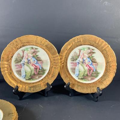LOT 41: Victorian Collection Featuring Gold Rimmed French Garden Dinner Plate and Cookie Plates, Swans with Roses, Leaf Bowls by Lefton...