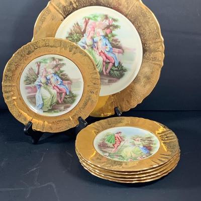 LOT 41: Victorian Collection Featuring Gold Rimmed French Garden Dinner Plate and Cookie Plates, Swans with Roses, Leaf Bowls by Lefton...