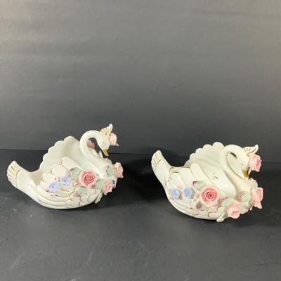 LOT 41: Victorian Collection Featuring Gold Rimmed French Garden Dinner Plate and Cookie Plates, Swans with Roses, Leaf Bowls by Lefton...