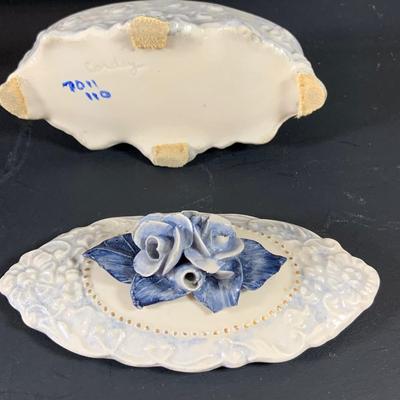 LOT 41: Victorian Collection Featuring Gold Rimmed French Garden Dinner Plate and Cookie Plates, Swans with Roses, Leaf Bowls by Lefton...