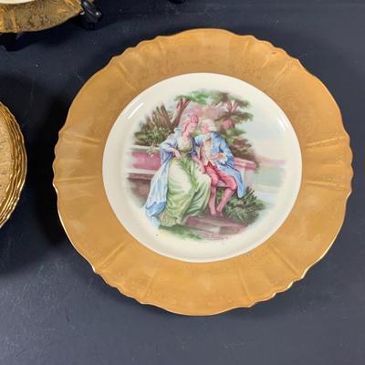 LOT 41: Victorian Collection Featuring Gold Rimmed French Garden Dinner Plate and Cookie Plates, Swans with Roses, Leaf Bowls by Lefton...