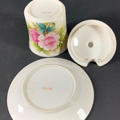 LOT 41: Victorian Collection Featuring Gold Rimmed French Garden Dinner Plate and Cookie Plates, Swans with Roses, Leaf Bowls by Lefton...