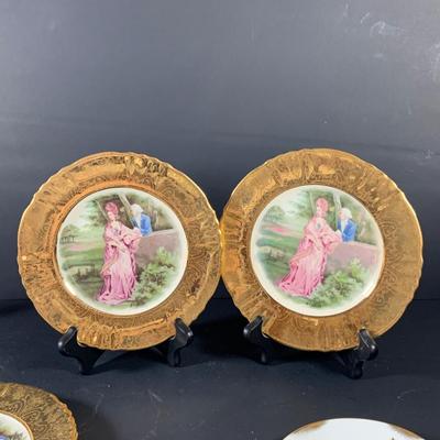 LOT 41: Victorian Collection Featuring Gold Rimmed French Garden Dinner Plate and Cookie Plates, Swans with Roses, Leaf Bowls by Lefton...