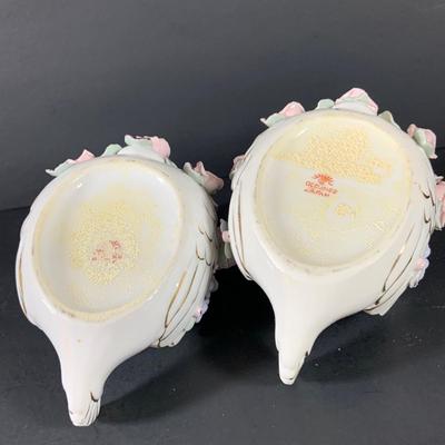 LOT 41: Victorian Collection Featuring Gold Rimmed French Garden Dinner Plate and Cookie Plates, Swans with Roses, Leaf Bowls by Lefton...