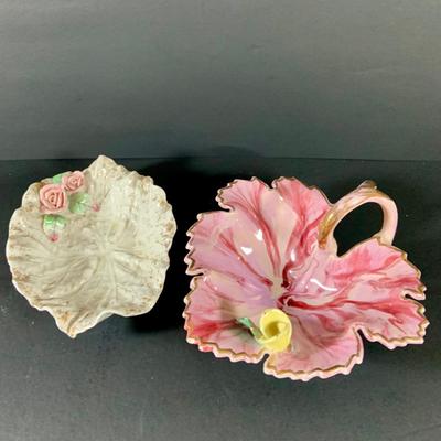 LOT 41: Victorian Collection Featuring Gold Rimmed French Garden Dinner Plate and Cookie Plates, Swans with Roses, Leaf Bowls by Lefton...