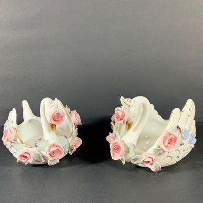 LOT 41: Victorian Collection Featuring Gold Rimmed French Garden Dinner Plate and Cookie Plates, Swans with Roses, Leaf Bowls by Lefton...