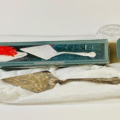 LOT 42: Beautiful Collection of Crystal and Silver Plate Including a Large Crystal Flower Vase, Russian Candy Dish Silver Plated Salt and...