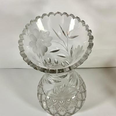 LOT 42: Beautiful Collection of Crystal and Silver Plate Including a Large Crystal Flower Vase, Russian Candy Dish Silver Plated Salt and...