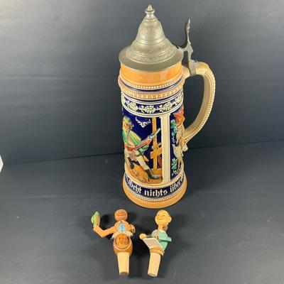 LOT 44: Vintage German Beer Stein and Hand Carved Mechanical Corks