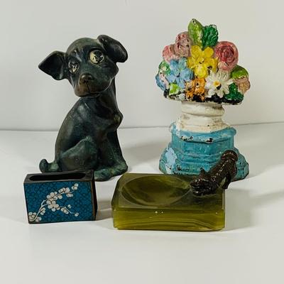 LOT 45: Cast Iron Dog Door and Flower Stop, Chinese Cloisonne and Carved Stone Matchbox Case and Vintage Bronze Dog and Onyx Pin/Trinke Tray