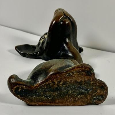 LOT 45: Cast Iron Dog Door and Flower Stop, Chinese Cloisonne and Carved Stone Matchbox Case and Vintage Bronze Dog and Onyx Pin/Trinke Tray