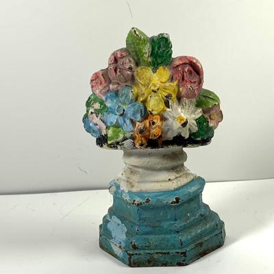 LOT 45: Cast Iron Dog Door and Flower Stop, Chinese Cloisonne and Carved Stone Matchbox Case and Vintage Bronze Dog and Onyx Pin/Trinke Tray