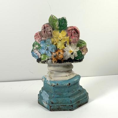 LOT 45: Cast Iron Dog Door and Flower Stop, Chinese Cloisonne and Carved Stone Matchbox Case and Vintage Bronze Dog and Onyx Pin/Trinke Tray