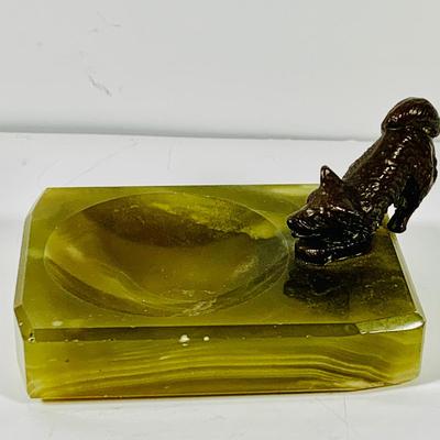 LOT 45: Cast Iron Dog Door and Flower Stop, Chinese Cloisonne and Carved Stone Matchbox Case and Vintage Bronze Dog and Onyx Pin/Trinke Tray