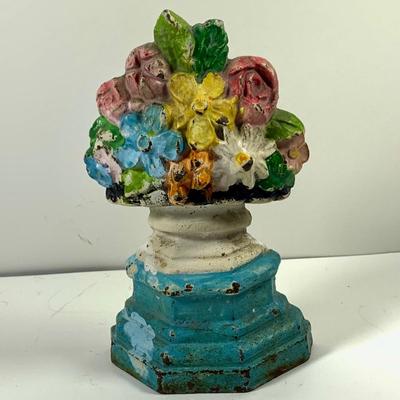 LOT 45: Cast Iron Dog Door and Flower Stop, Chinese Cloisonne and Carved Stone Matchbox Case and Vintage Bronze Dog and Onyx Pin/Trinke Tray