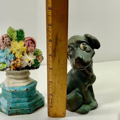 LOT 45: Cast Iron Dog Door and Flower Stop, Chinese Cloisonne and Carved Stone Matchbox Case and Vintage Bronze Dog and Onyx Pin/Trinke Tray