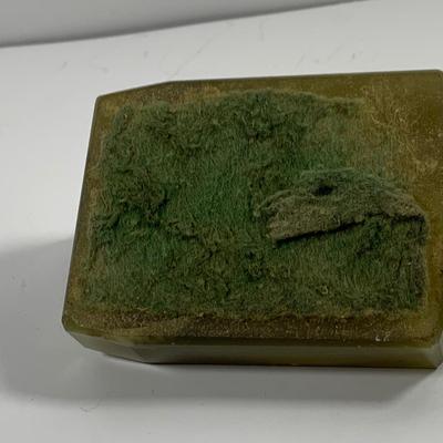 LOT 45: Cast Iron Dog Door and Flower Stop, Chinese Cloisonne and Carved Stone Matchbox Case and Vintage Bronze Dog and Onyx Pin/Trinke Tray