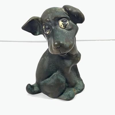 LOT 45: Cast Iron Dog Door and Flower Stop, Chinese Cloisonne and Carved Stone Matchbox Case and Vintage Bronze Dog and Onyx Pin/Trinke Tray