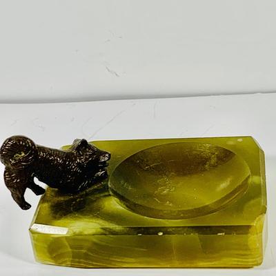 LOT 45: Cast Iron Dog Door and Flower Stop, Chinese Cloisonne and Carved Stone Matchbox Case and Vintage Bronze Dog and Onyx Pin/Trinke Tray