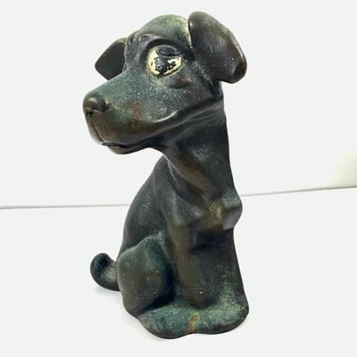 LOT 45: Cast Iron Dog Door and Flower Stop, Chinese Cloisonne and Carved Stone Matchbox Case and Vintage Bronze Dog and Onyx Pin/Trinke Tray