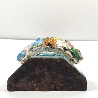 LOT 45: Cast Iron Dog Door and Flower Stop, Chinese Cloisonne and Carved Stone Matchbox Case and Vintage Bronze Dog and Onyx Pin/Trinke Tray