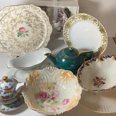 LOT 46: Garden Party Collections of Tea Pots and Cups, Floral Bowls, Platters and More Featuring Johann Haviland Gravey Bowl, Hall Green...