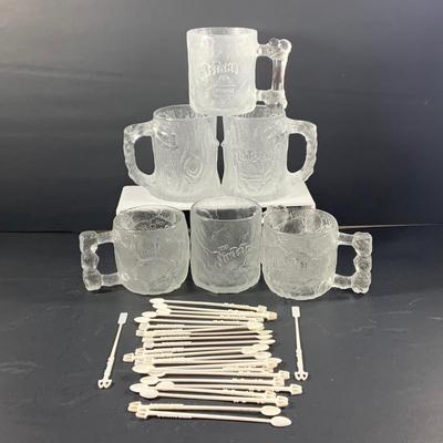 LOT 48: Collection of 6 McDonalds 1993 Flintstons Mugs and Vintage McDonalds Coffee Stir Sticks "McSpoon"