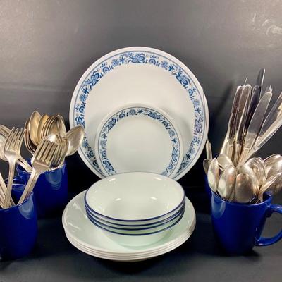 LOT 51: Collection of Vintage Corelle by Corning Old Town Blue Plates, White Corelle Bowls and Blue Corelle Mugs and Flatware