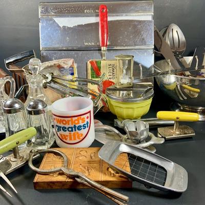LOT 52 Vintage/ Mid-Century Kitchen Gadgets & Acessories: Stainless Steel Foil/Wax Paper Dispenser, GEMCO Sugar Bowl and Much, Much More